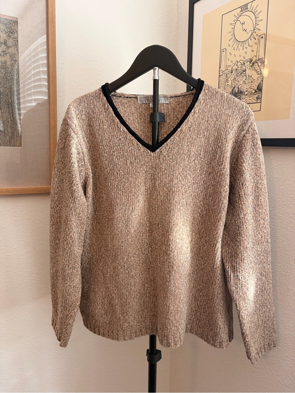 V-Neck Chenille Knit Sweater in Taupe with Black Trim